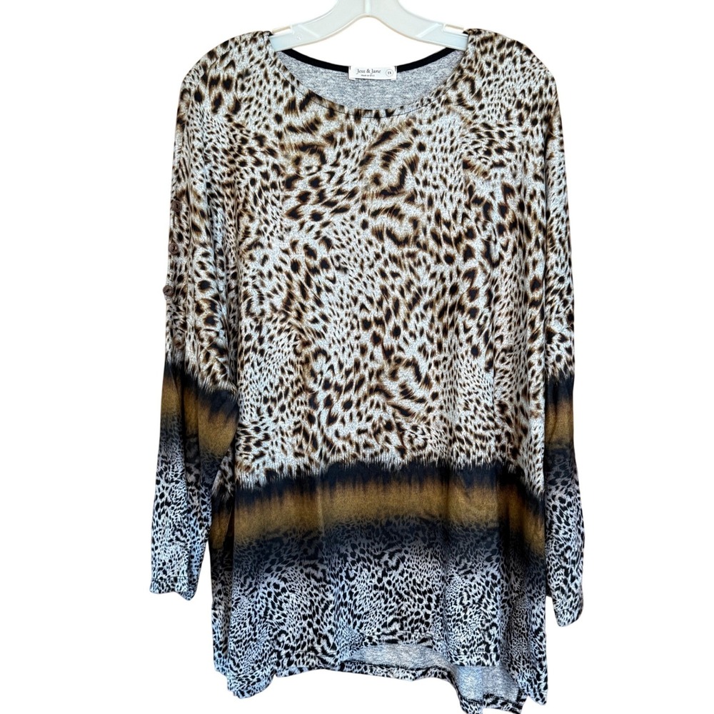 NEW Jess &‎ Jane 1X Brushed Knit Leopard Safari Print Long Sleeve Tunic Top